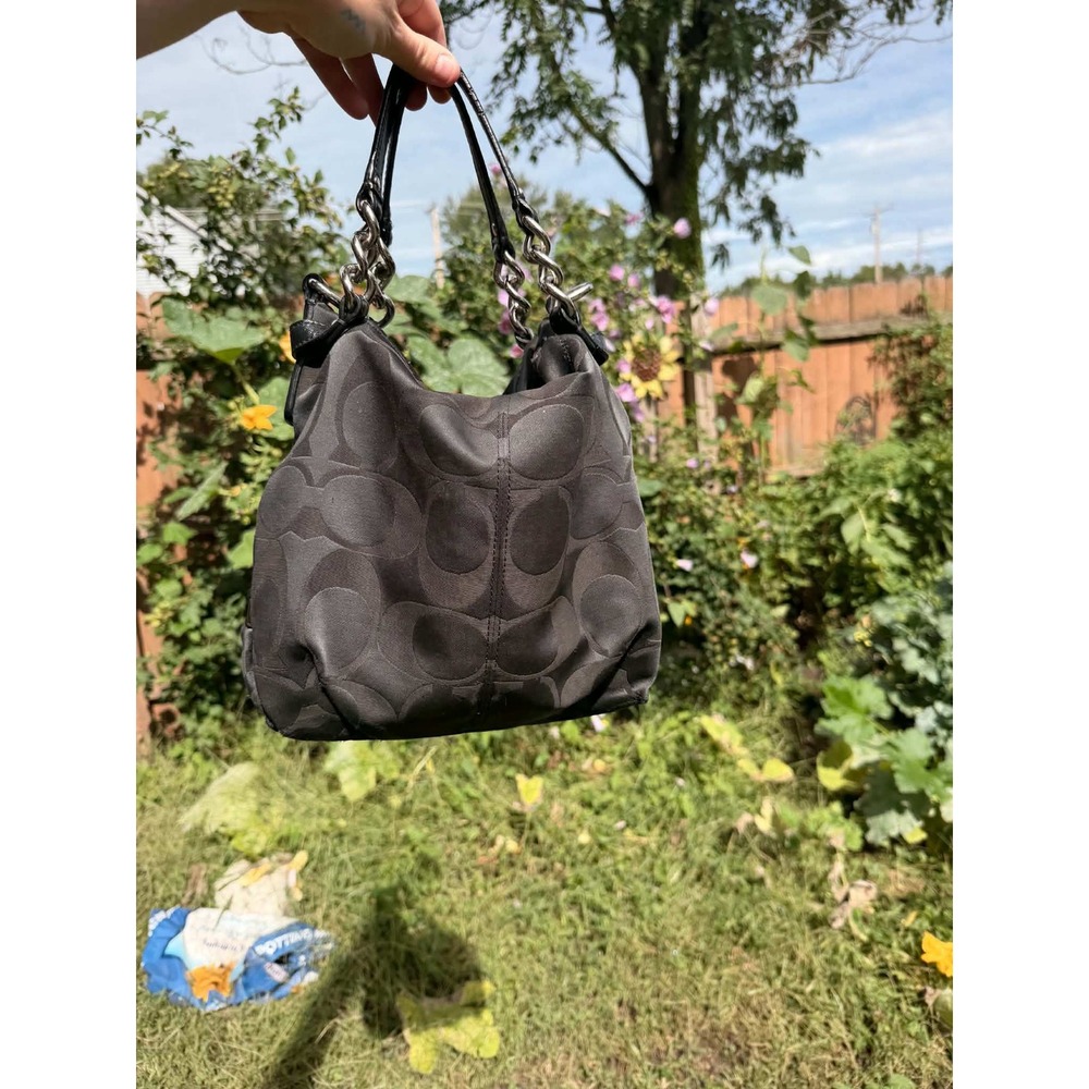 Coach Black Signature Jacquard Hobo Shoulder Bag F17183 Silver Chain Hardware